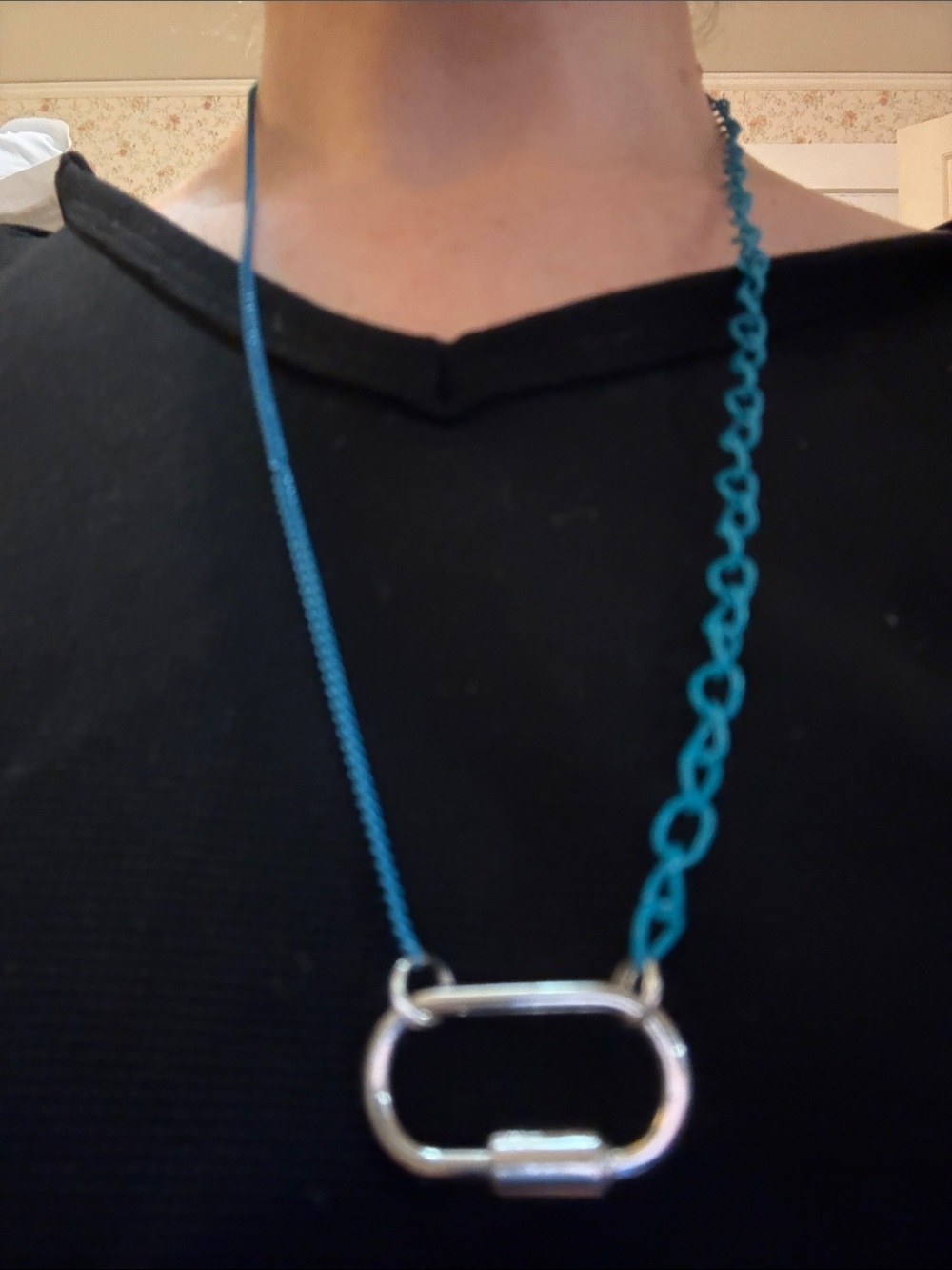 Hand-Crafted Blue Chain Pendant Necklace with Silver Carabiner